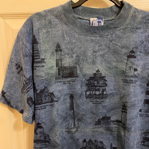 Vintage 90s Art Unlimited Lighthouse AOP All Over Lighthouses Tee Blue Md - Picture 8 of 10
